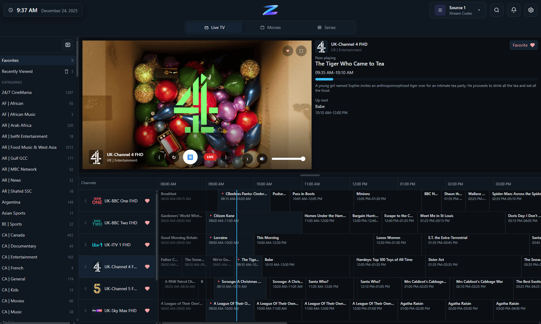 Live TV channel list