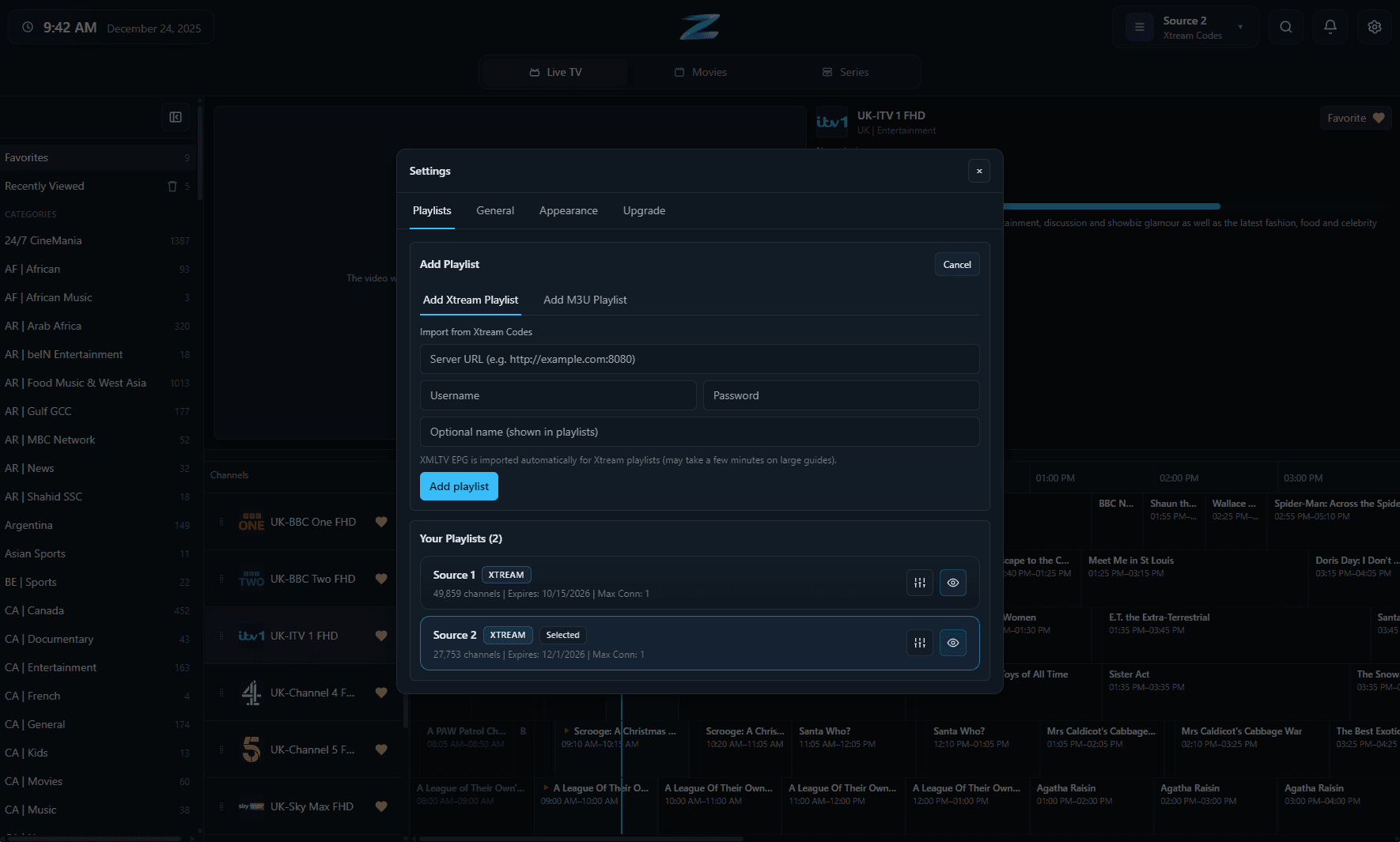 Settings (Playlists / EPG)